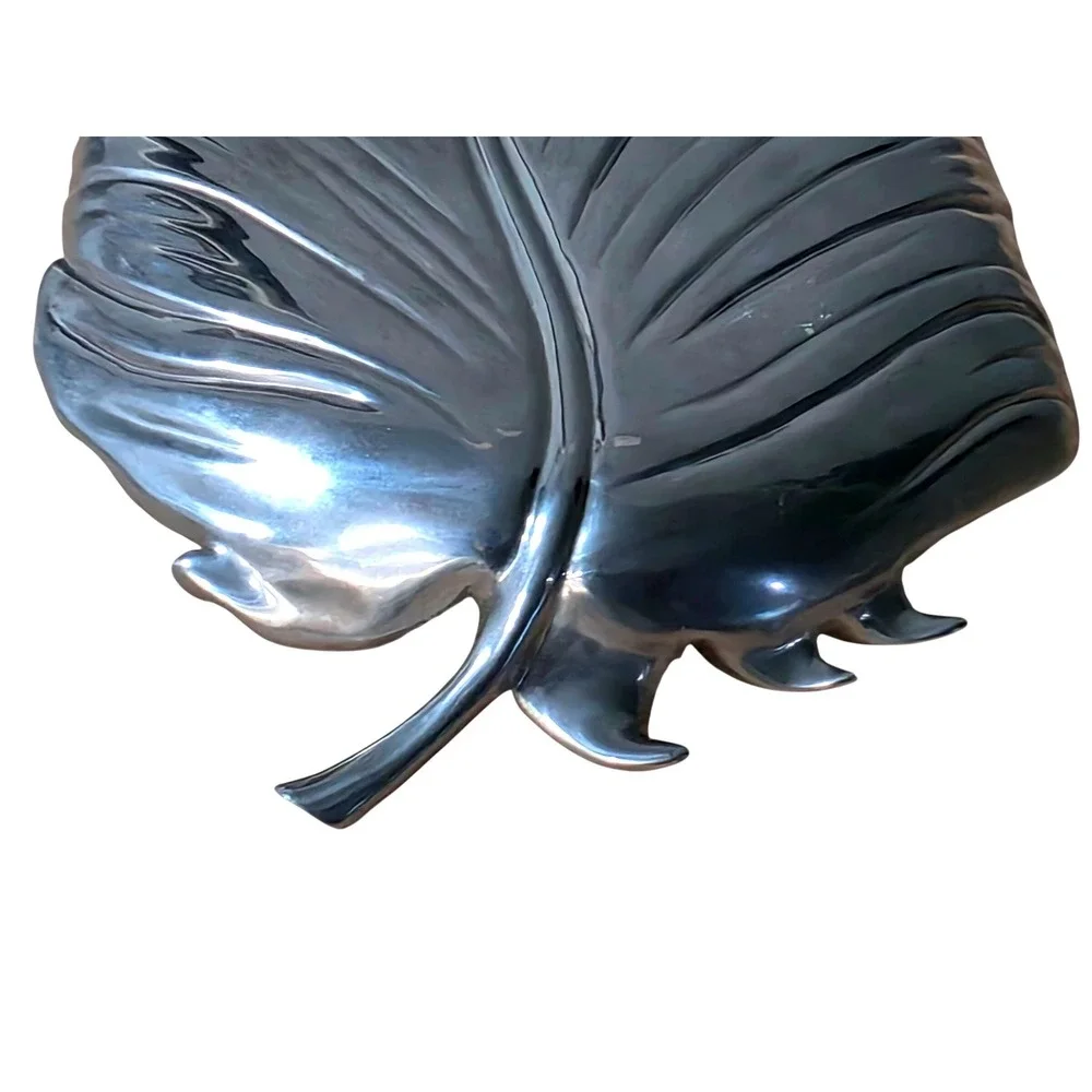 Fitz and Floyd Silver Metal Leaf Platter Decorative Tray with Flower Accent 12in